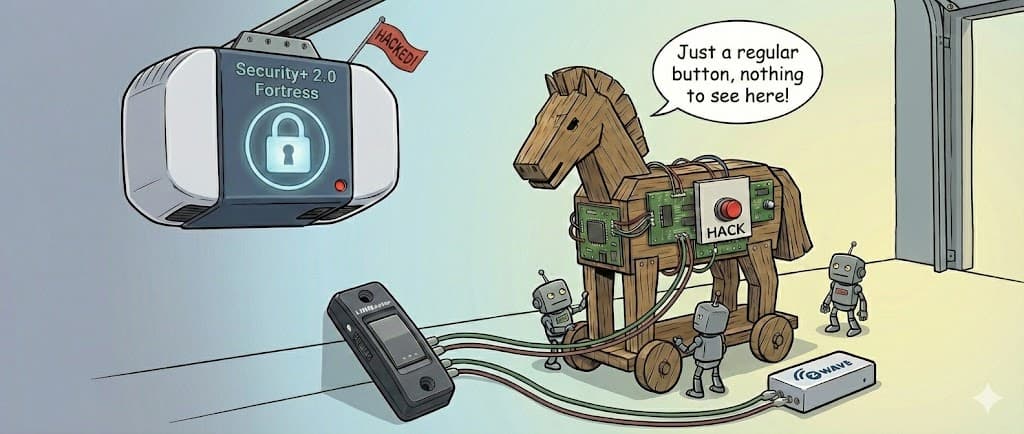 Defeating LiftMaster Security+ 2.0: The $12 "Trojan Horse" Button Hack